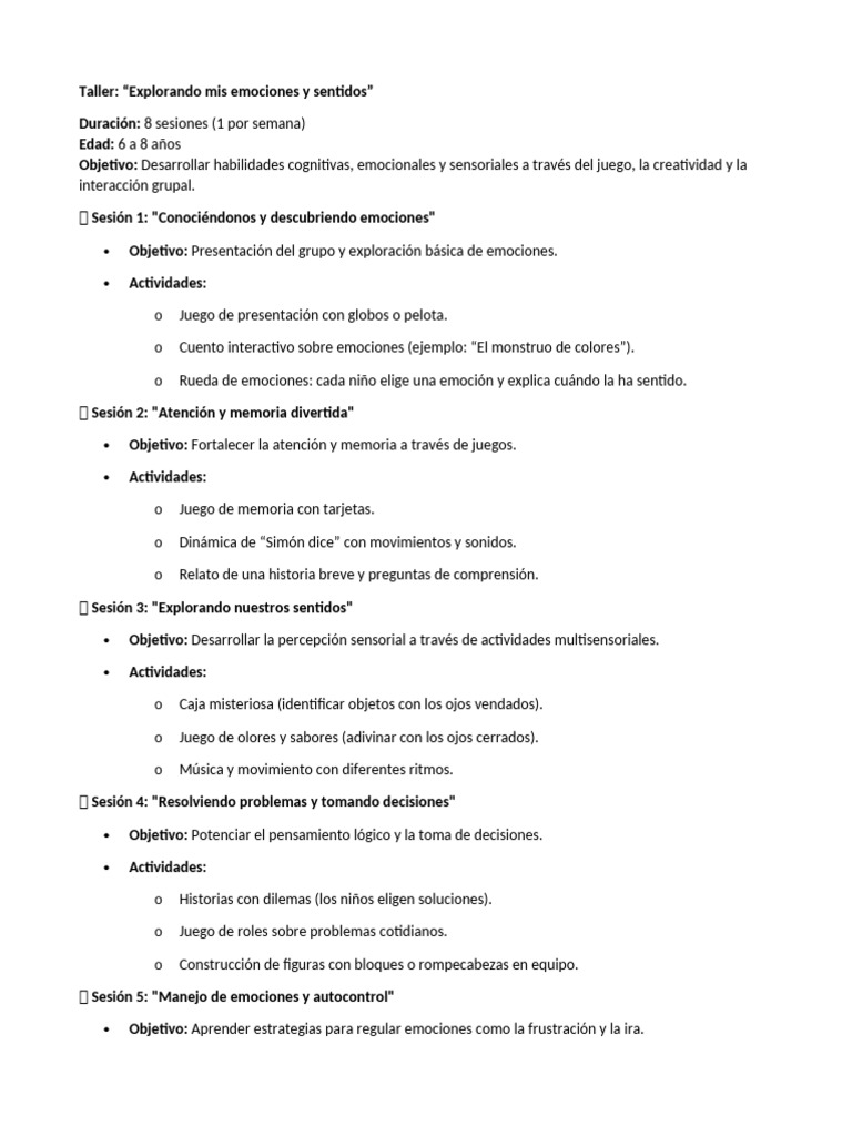 Taller Emociones y Sentidos Niños 6-8 Años | PDF | Las emociones ...