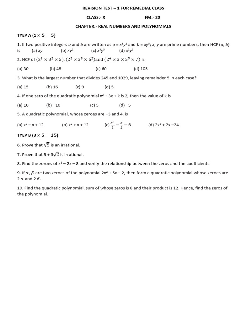 REVISION TEST - 1 X (Real No. & Polynomials) | PDF