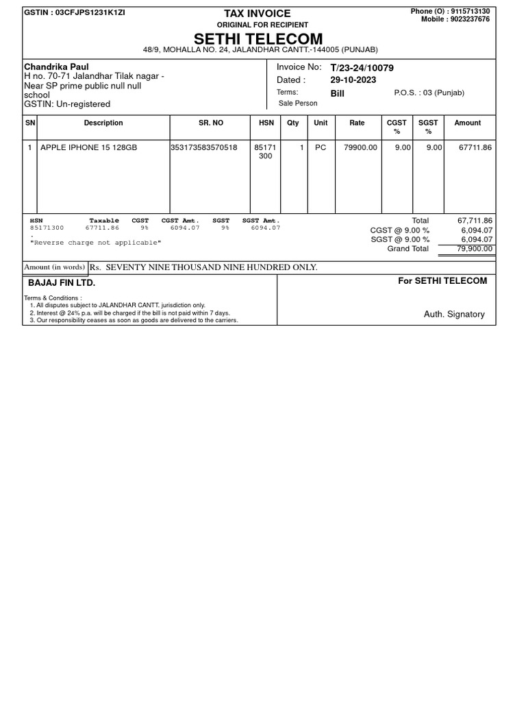 Sethi Telecom Invoice - Jalandhar Cantt | PDF | Mobile Phones | Apple ...
