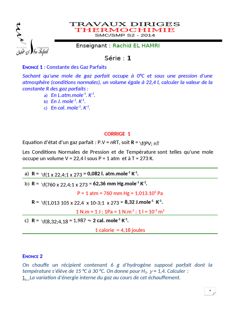 Valeur de la constante R des gaz parfaits | PDF | Enthalpie | Chaleur