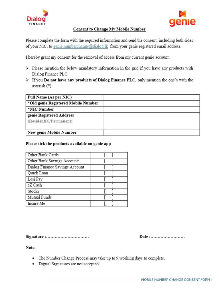 Mobile Number Change Consent Form | PDF