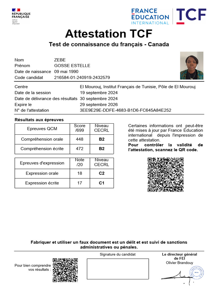 Attestation TCF Canada - Estelle Zebe | PDF