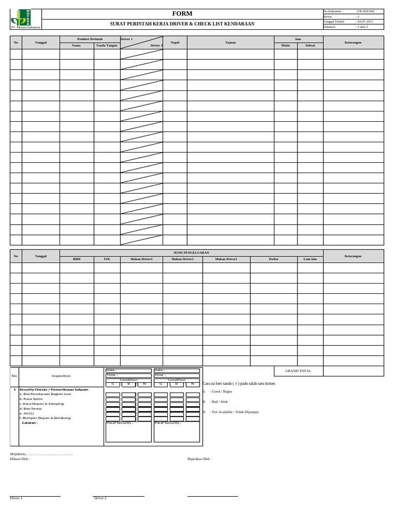 Surat Perintah Kerja Driver dan Checklist Kendaraan | PDF