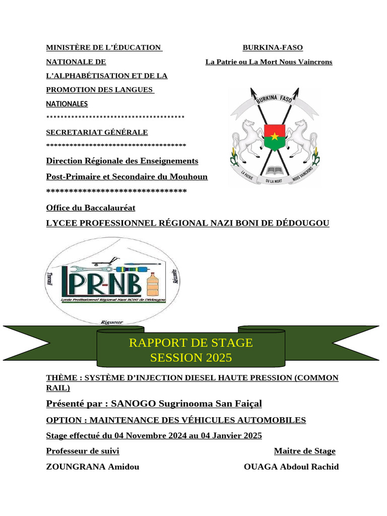 SANOGO Faiçal Rapport de Stage BAC PRO II MVA COMMON RAIL | PDF ...