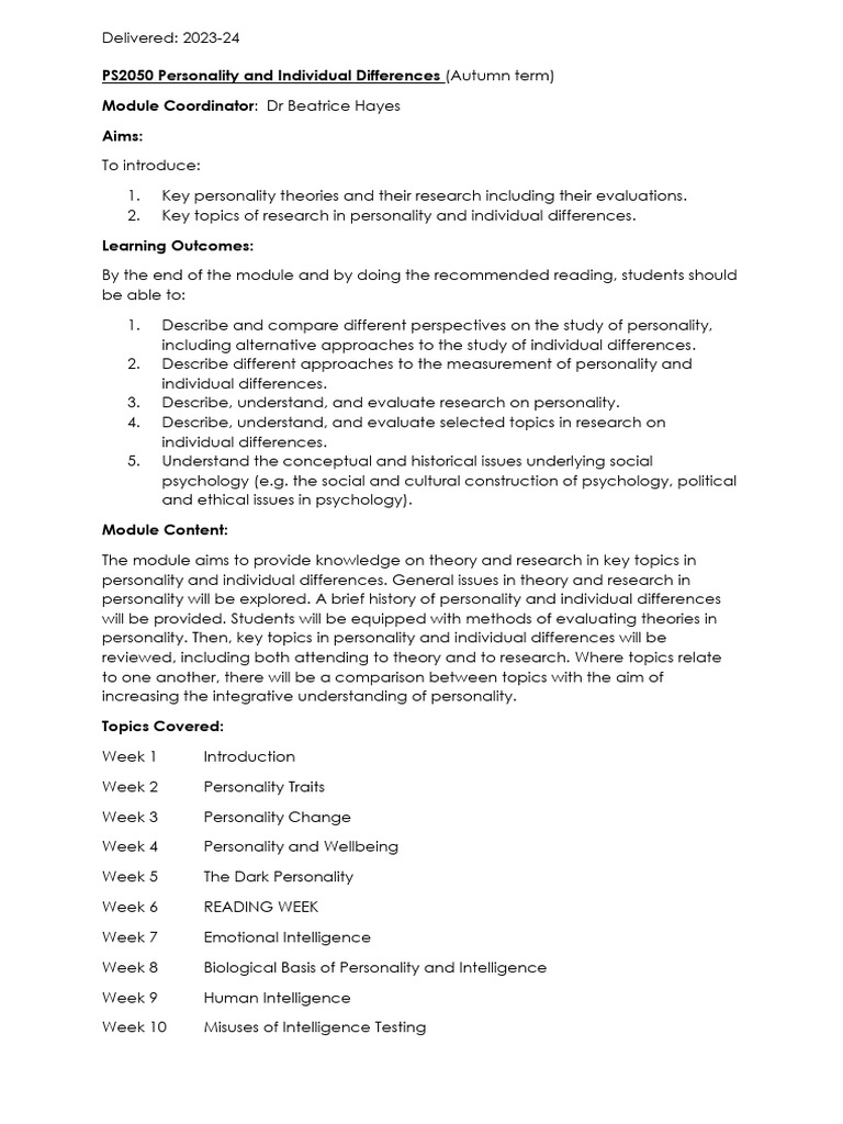 PS2050 Personality and Individual Differences Module Summary 23-24 ...