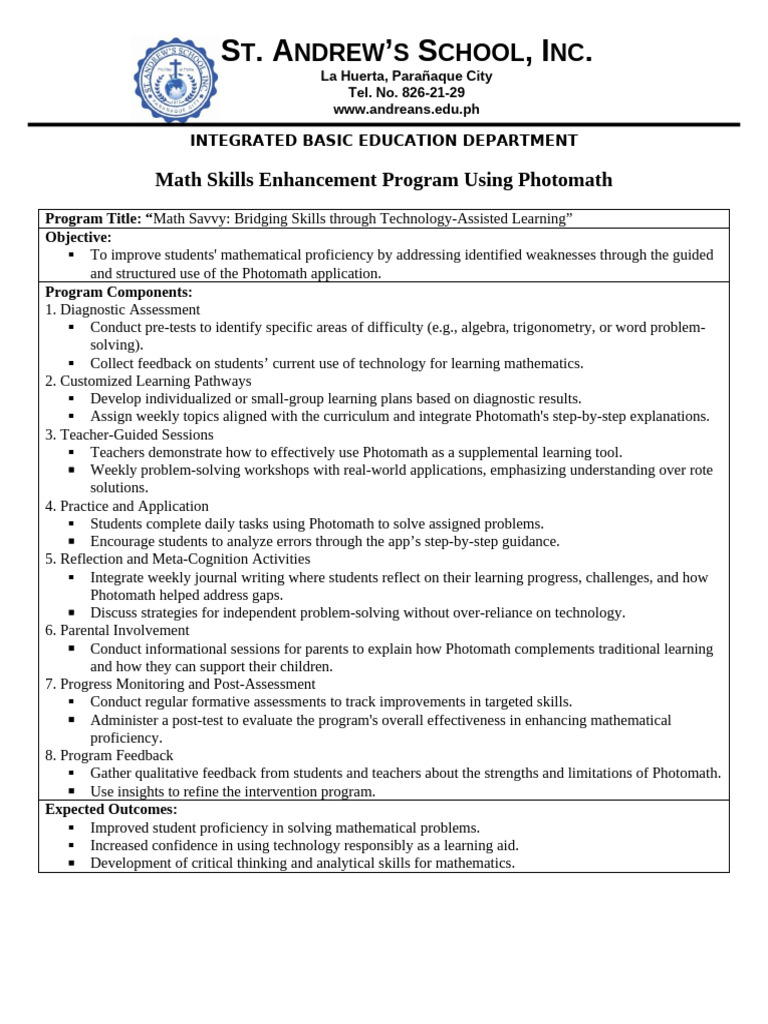 Sample Photomath Program for Intervention | PDF | Learning | Cognition
