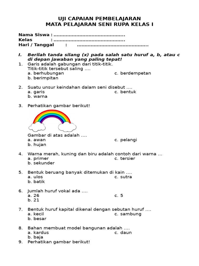 Ujian Seni Rupa Kelas 1 Semester 2 | PDF