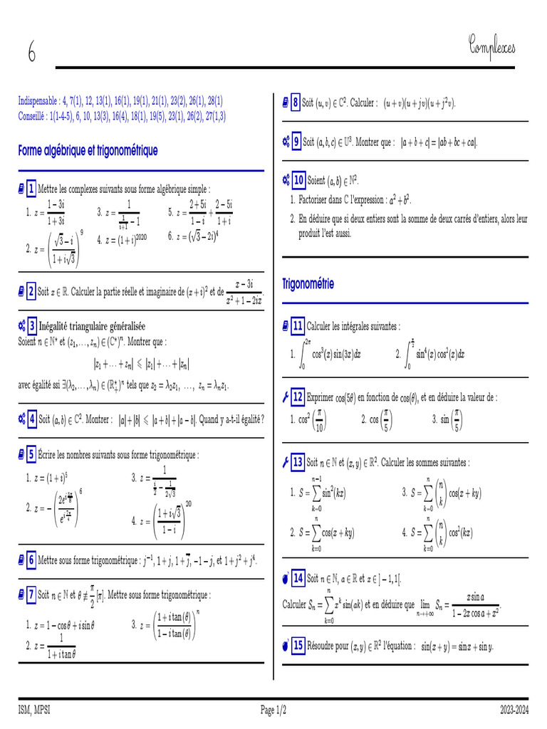 Formes algébriques et trigonométriques des complexes | PDF | Nombre ...