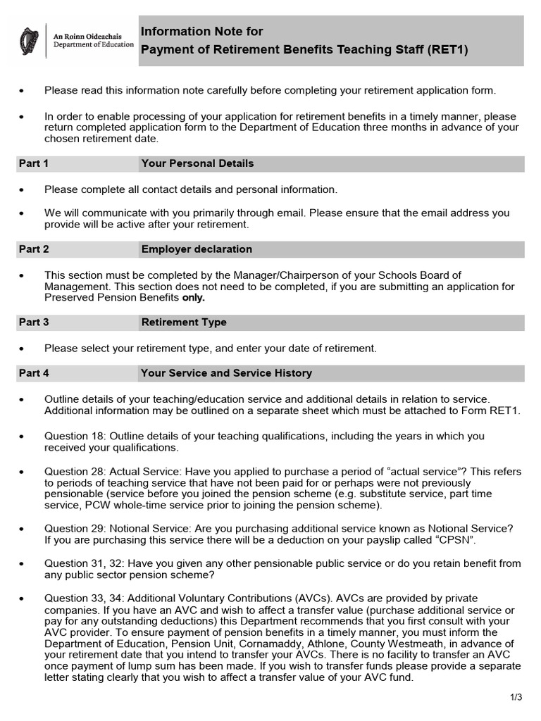 Information Note For Payment of Retirement Benefits Teaching Staff ...