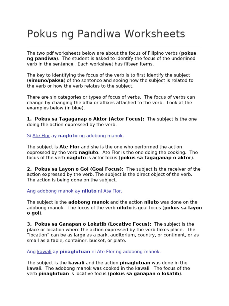 Pokus-ng-Pandiwa-Worksheets 2 | PDF | Subject (Grammar) | Verb