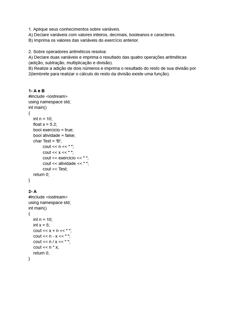 Variáveis e Operadores em C++ | PDF