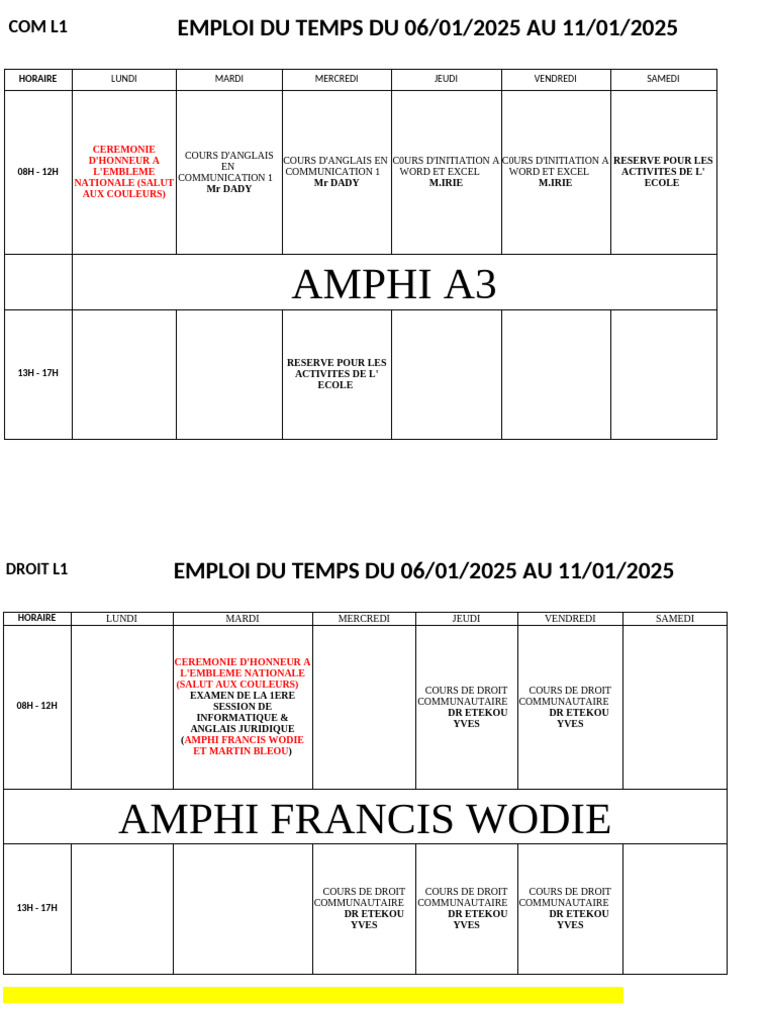 Emploi du temps L1 : 06-11 Jan 2025 | PDF