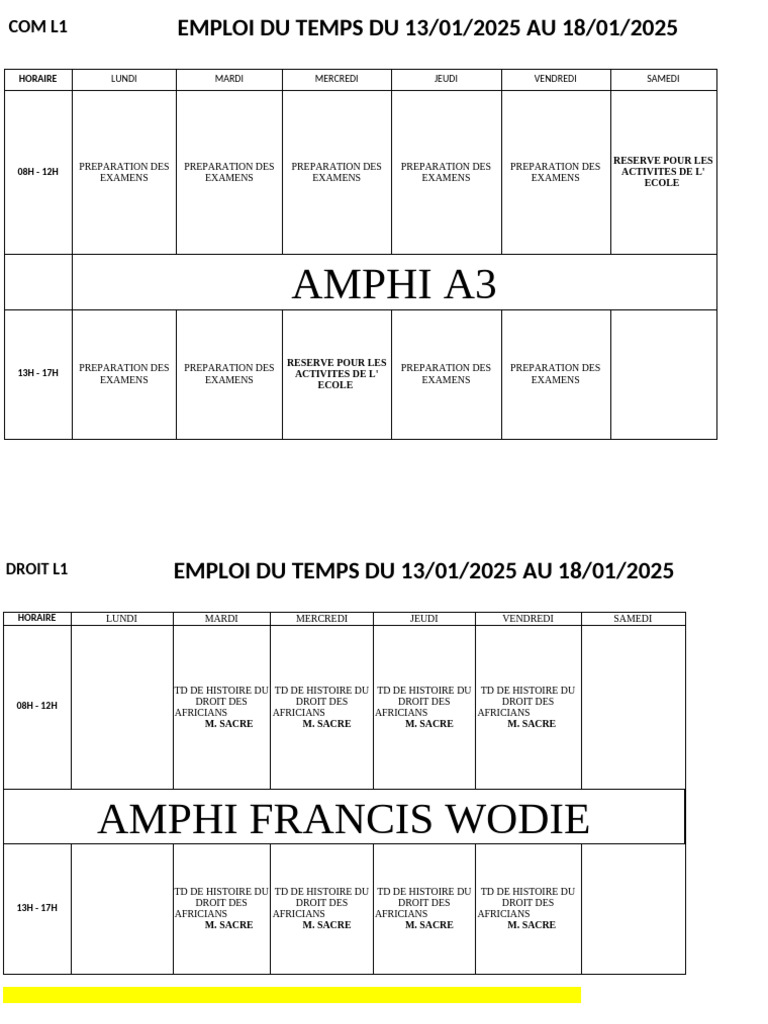 Emploi du temps L1 Droit 2025 | PDF | Bases de données
