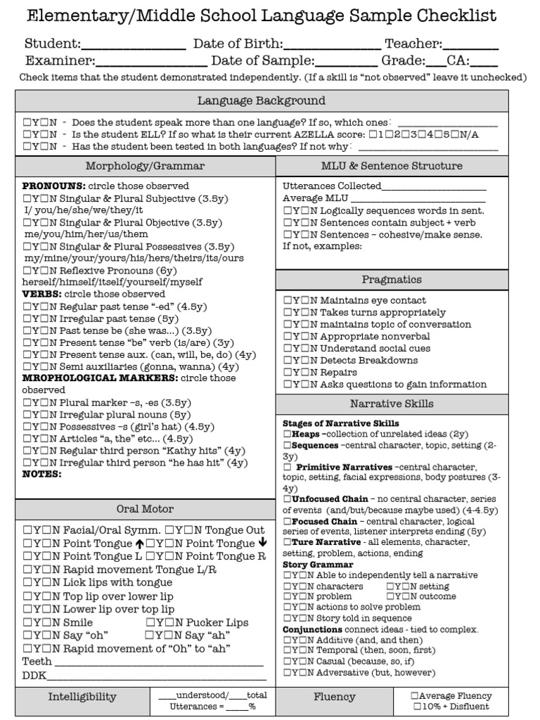 LanguageSampleChecklist 1 | PDF | Grammatical Number | Plural