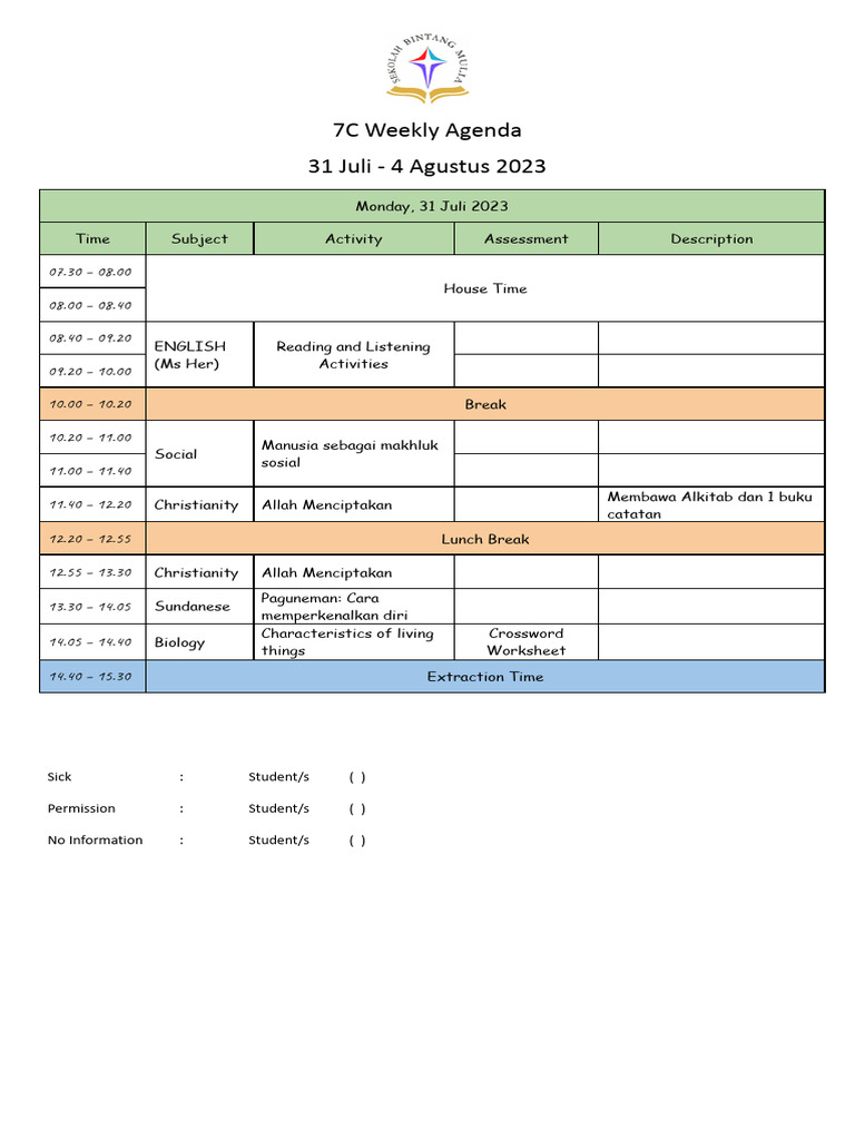 7C Weekly Agenda 2023-2024 (31 Juli - 4 Agustus 2023) | PDF