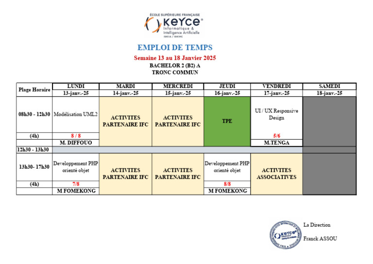 Emploi du temps Bachelor 2 - Semaine 13-18 Janv. 2025 | PDF