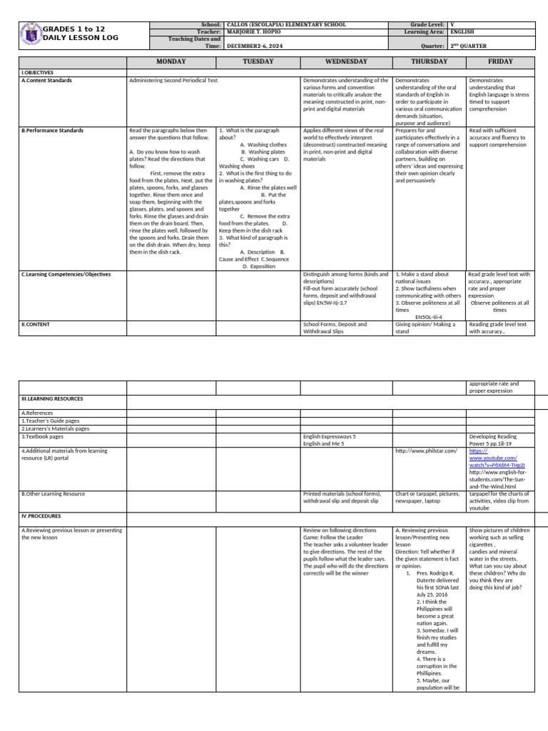 DLL - English 5 - Q2 - W10 | PDF | Reading Comprehension | Teachers