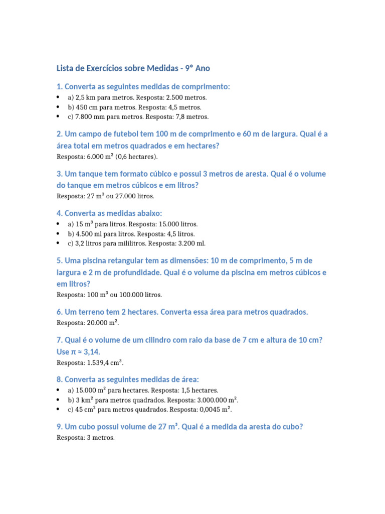 Exercícios de Medidas para 9º Ano | PDF | Litro | Quantidade