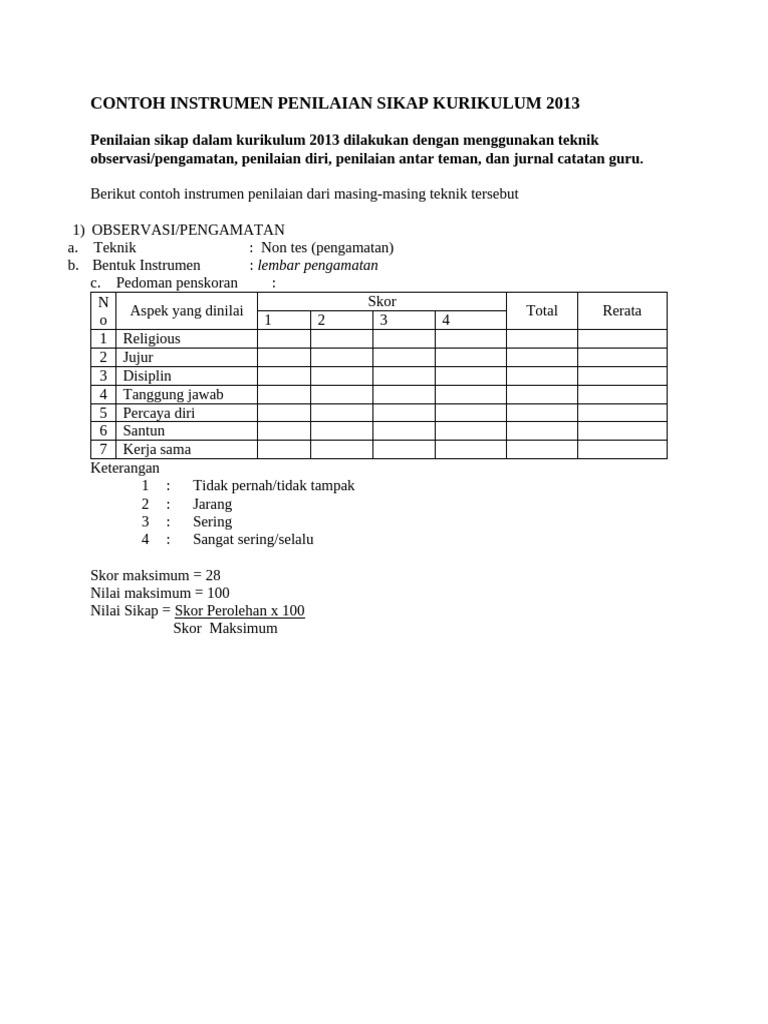 Contoh Instrumen Penilaian Sikap Kurikulum 2013 | PDF