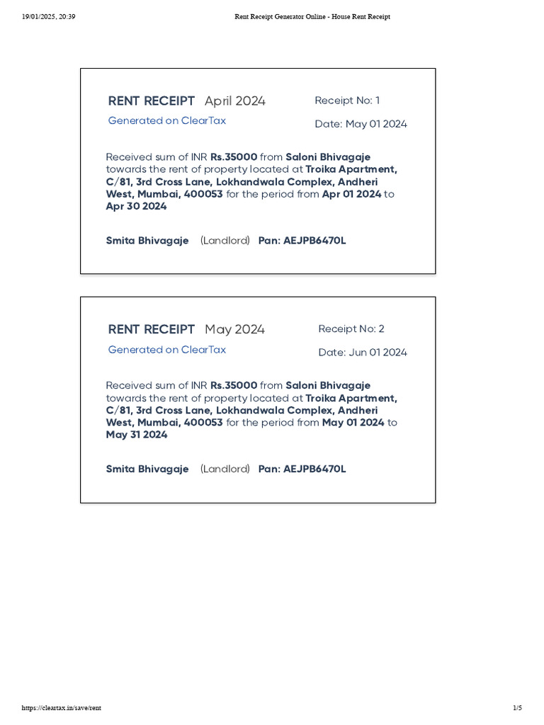 Rent receipt generator online house rent receipt pdf