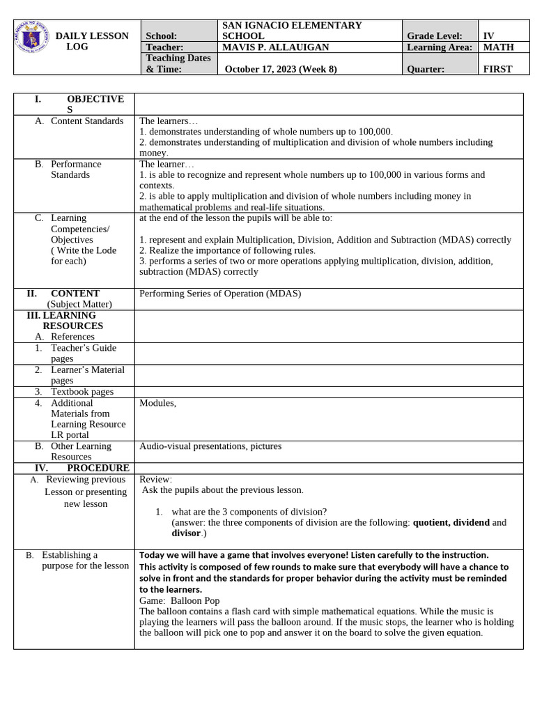MDAS Operations in Grade IV Math Lesson | PDF | Division (Mathematics ...