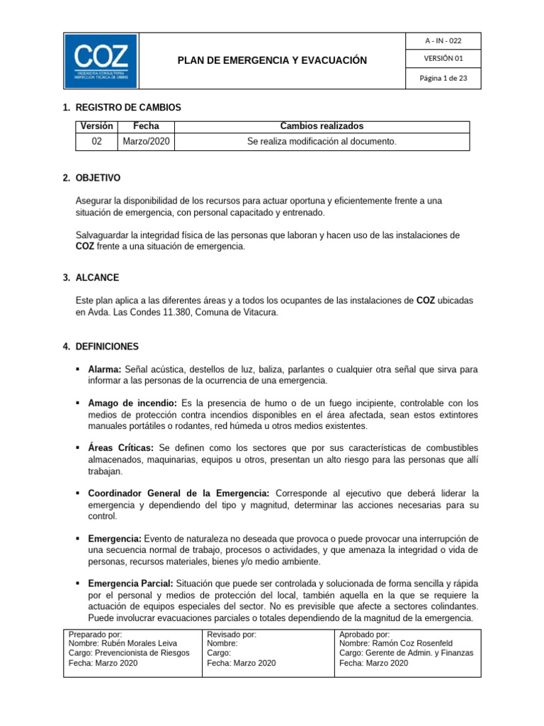Plan de Emergencia y Evacuación COZ | PDF | Temblores | Peligros
