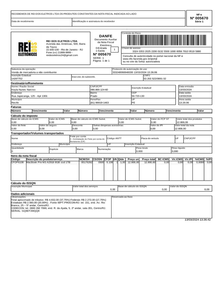 Nota Fiscal Eletrônica: Frete CIF e Detalhes | PDF | Recibo ...