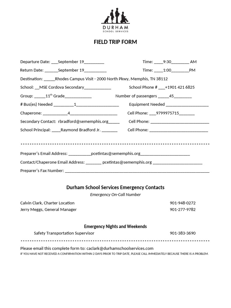 Sep 19 Durham Field Trip Bus Request Form | PDF