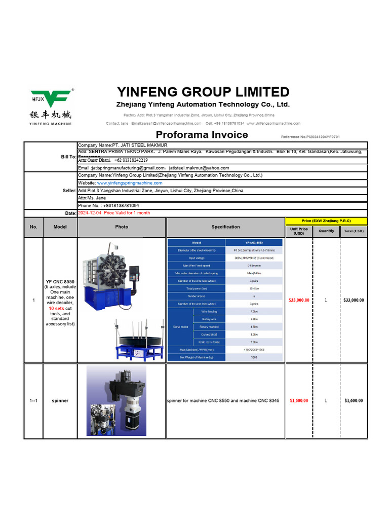 Yinfeng Group Proforma Invoice Details | PDF | Payments | Money