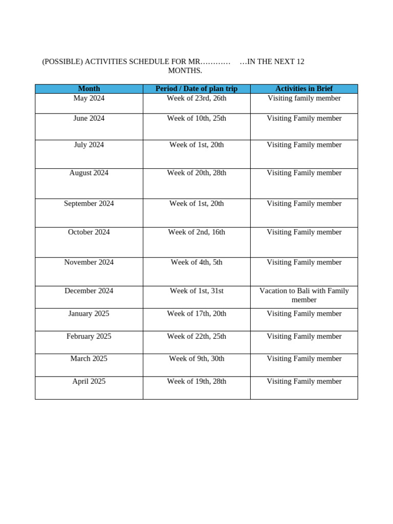 12-Month Family Visit Schedule | PDF