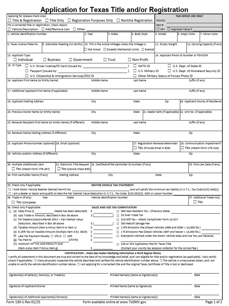 Texas Vehicle Title Application Form | PDF | Taxes | Use Tax