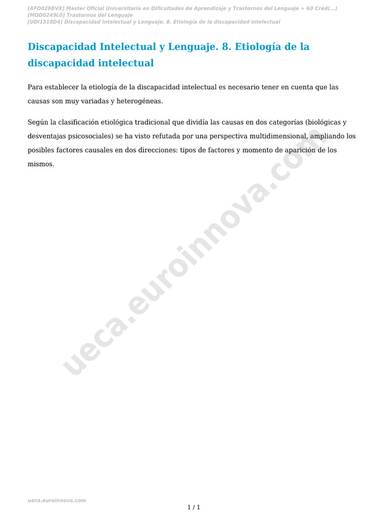 Discapacidad Intelectual y Lenguaje. 8. Etiología de La Discapacidad ...