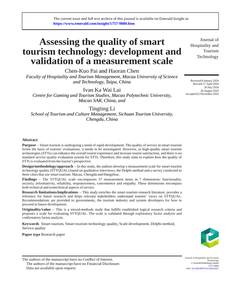 10 1108 - JHTT 01 2024 0013 | PDF | Factor Analysis | Questionnaire