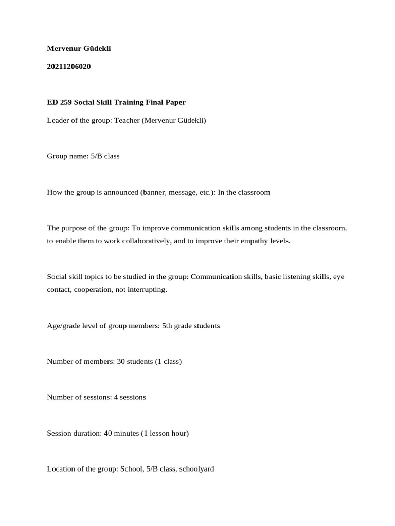 ED 259 Social Skill Training Final Paper | PDF