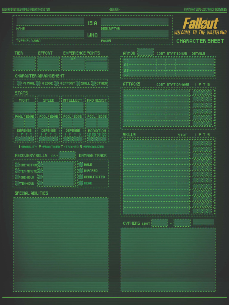 Fallout cypher character sheet form fillable pdf
