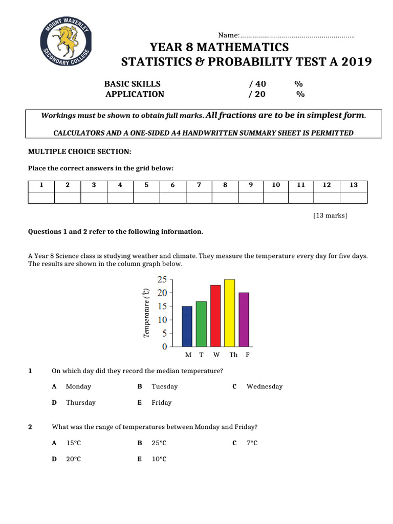 Yr 8 Stats & Probability Test A 2019 | PDF