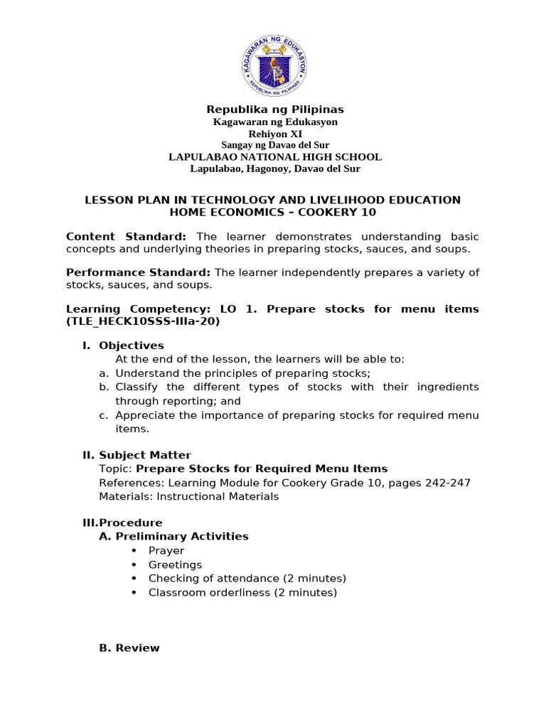 Cookery Lesson Plan: Preparing Stocks | PDF | Stock (Food) | Foods