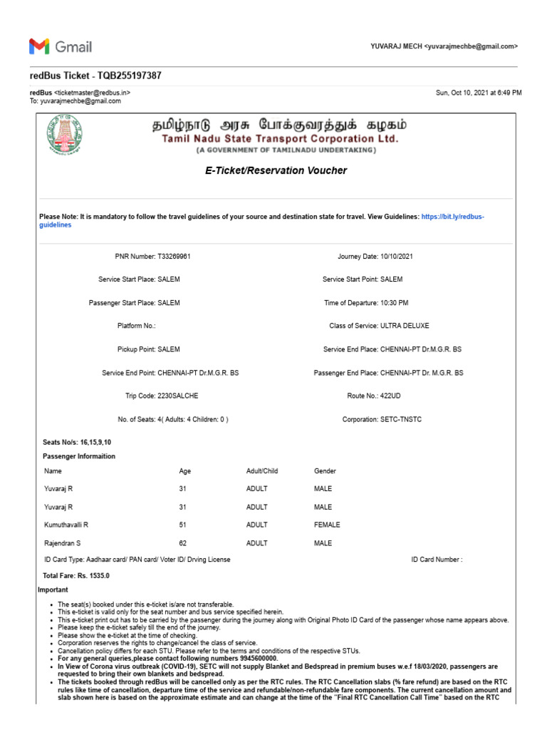 RedBus Ticket - TQB255197387 | PDF | Public Transport | Transport