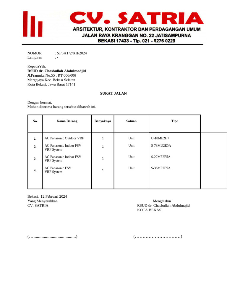 Surat Jalan Pengiriman AC ke RSUD | PDF