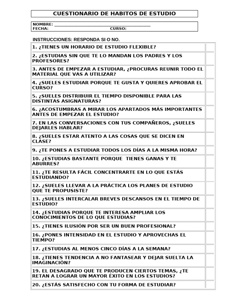 Cuestionario de Hábitos de Estudio | PDF