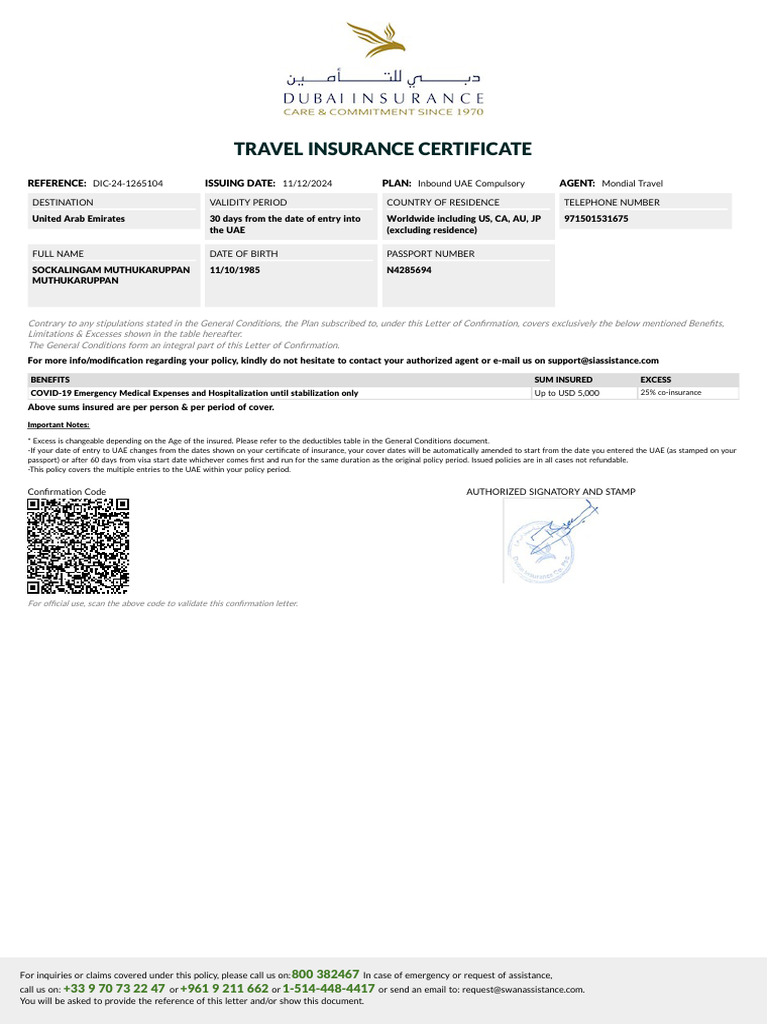 UAE Travel Insurance Details | PDF | United Arab Emirates