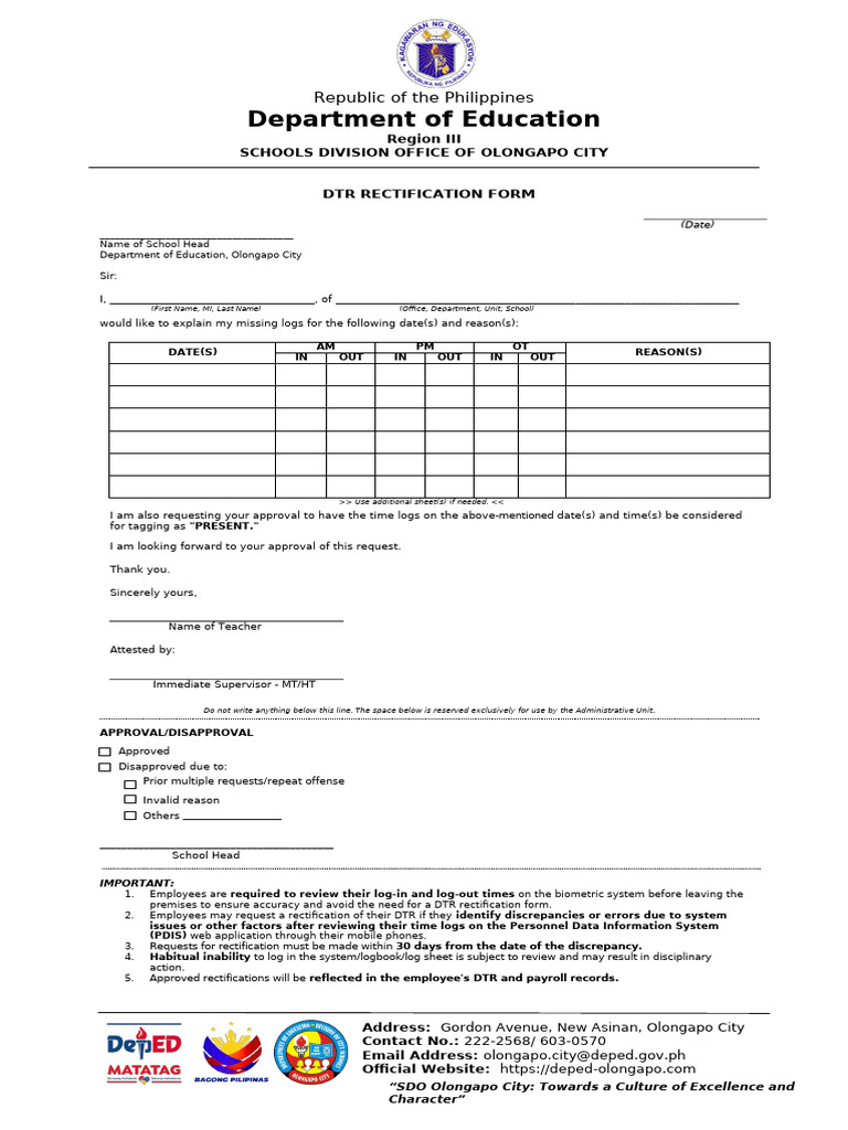 Teacher - DTR Rectification Form | PDF | Philippines | Public ...