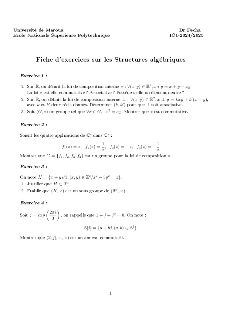 Exercices sur les Structures algébriques | PDF