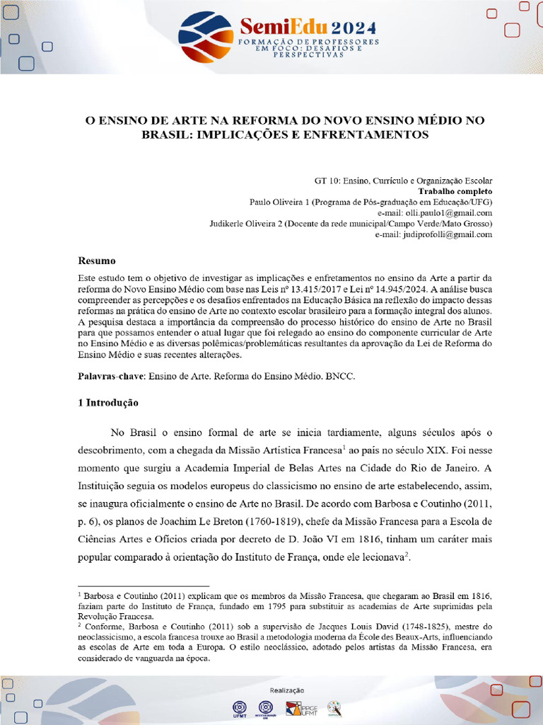 artigo sobre a alteração Vista do O Ensino de Arte na Reforma do Novo ...