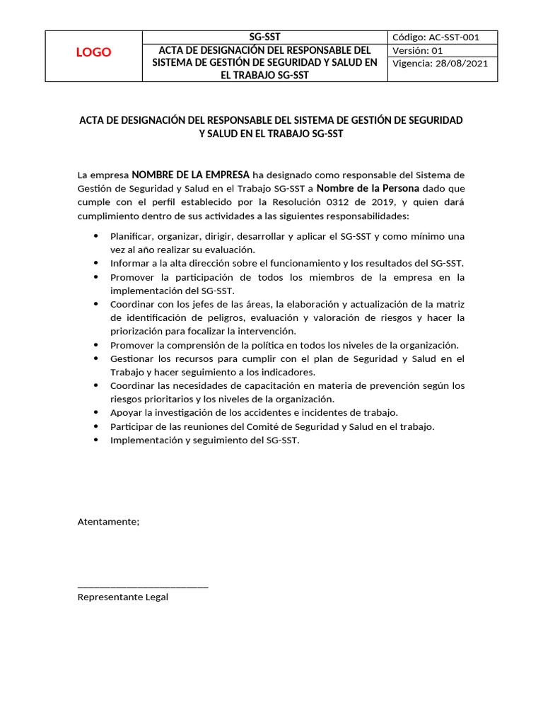 Acta de Designación SG-SST Responsable | PDF