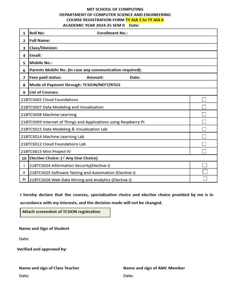 MIT Course Registration Form 2024-25 | PDF