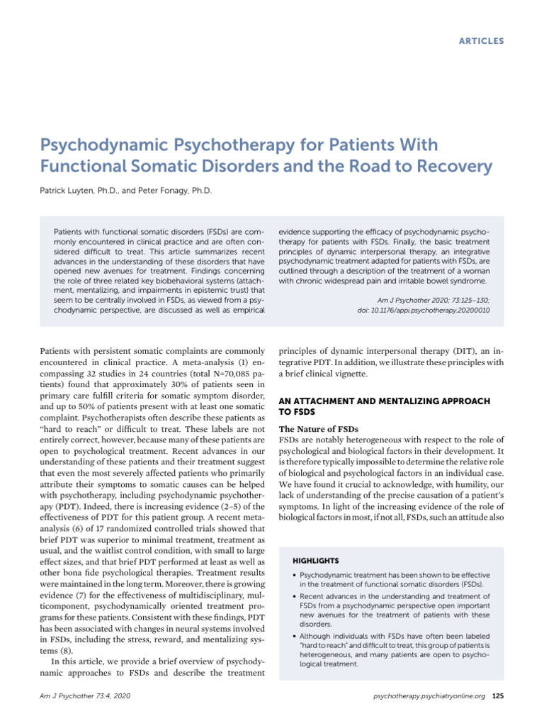 Psychodynamic Therapy for Functional Somatic Disorders | PDF ...