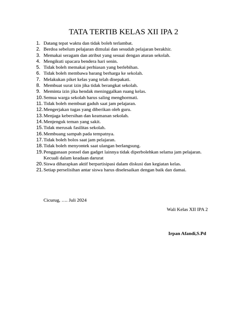 Tata Tertib Kelas XII IPA 2 | PDF