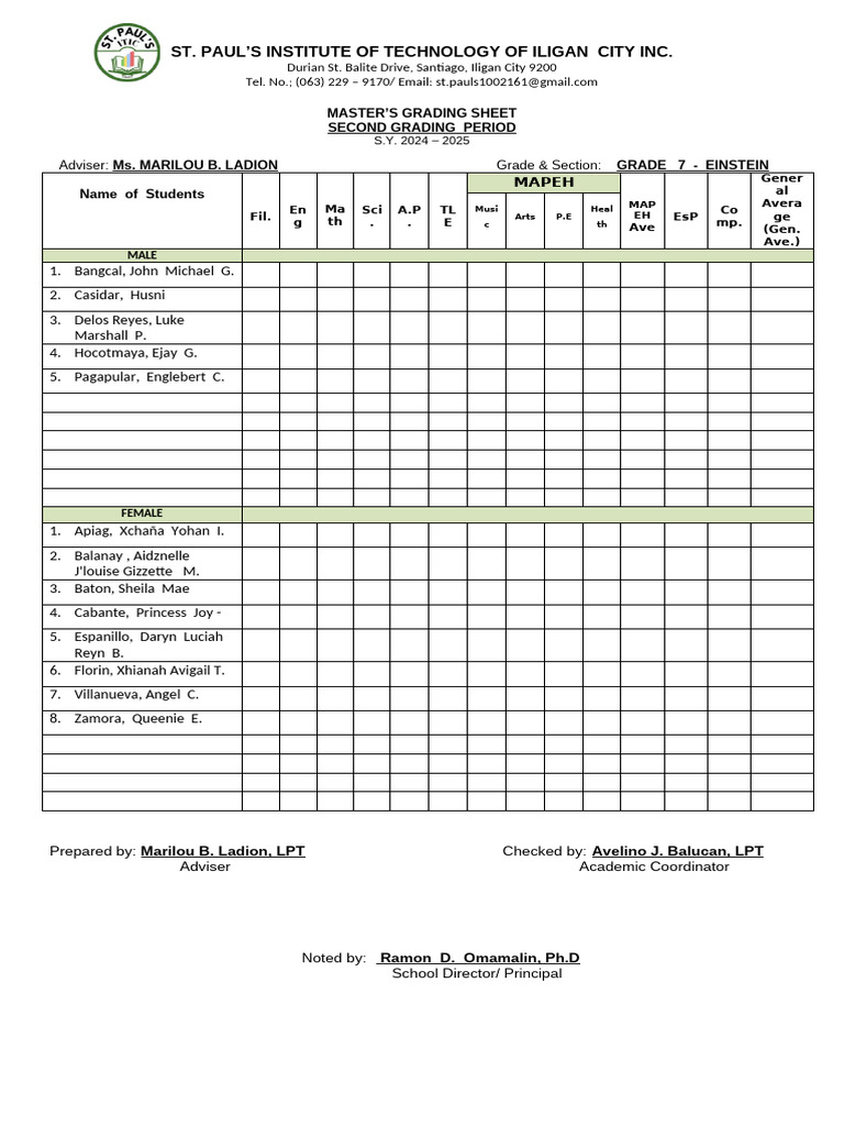 St. Paul's Institute Grading Sheets 2024-2025 | PDF