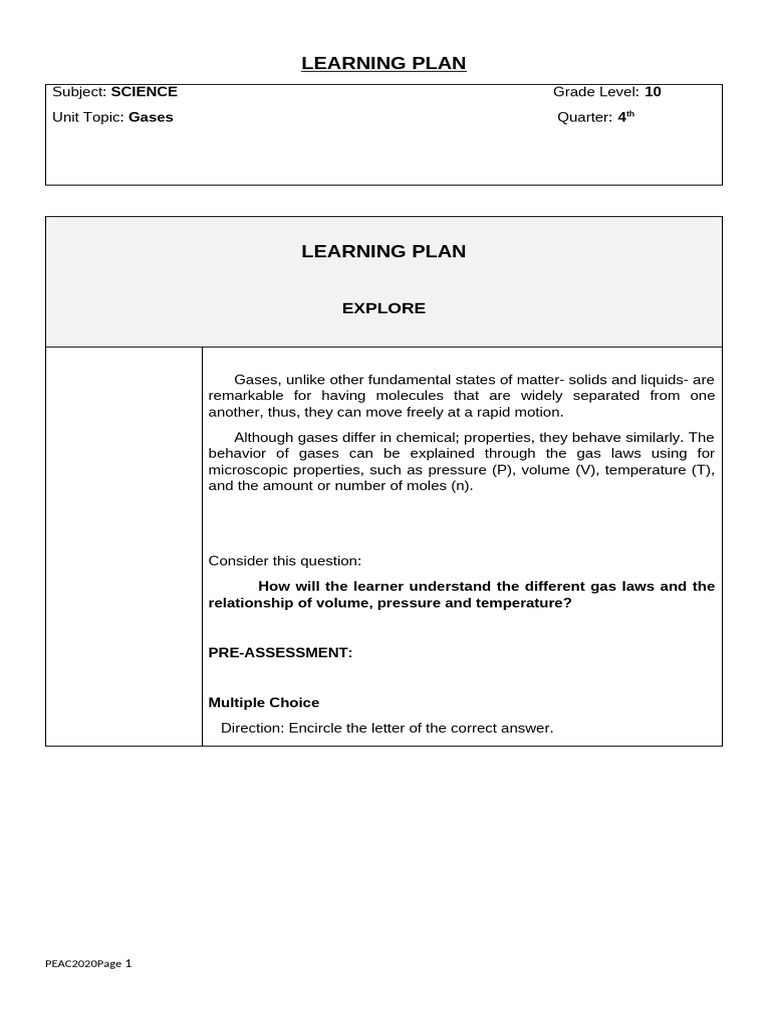 GRADE 10 - Learning Plan (Gas Laws) | PDF | Gases | Temperature